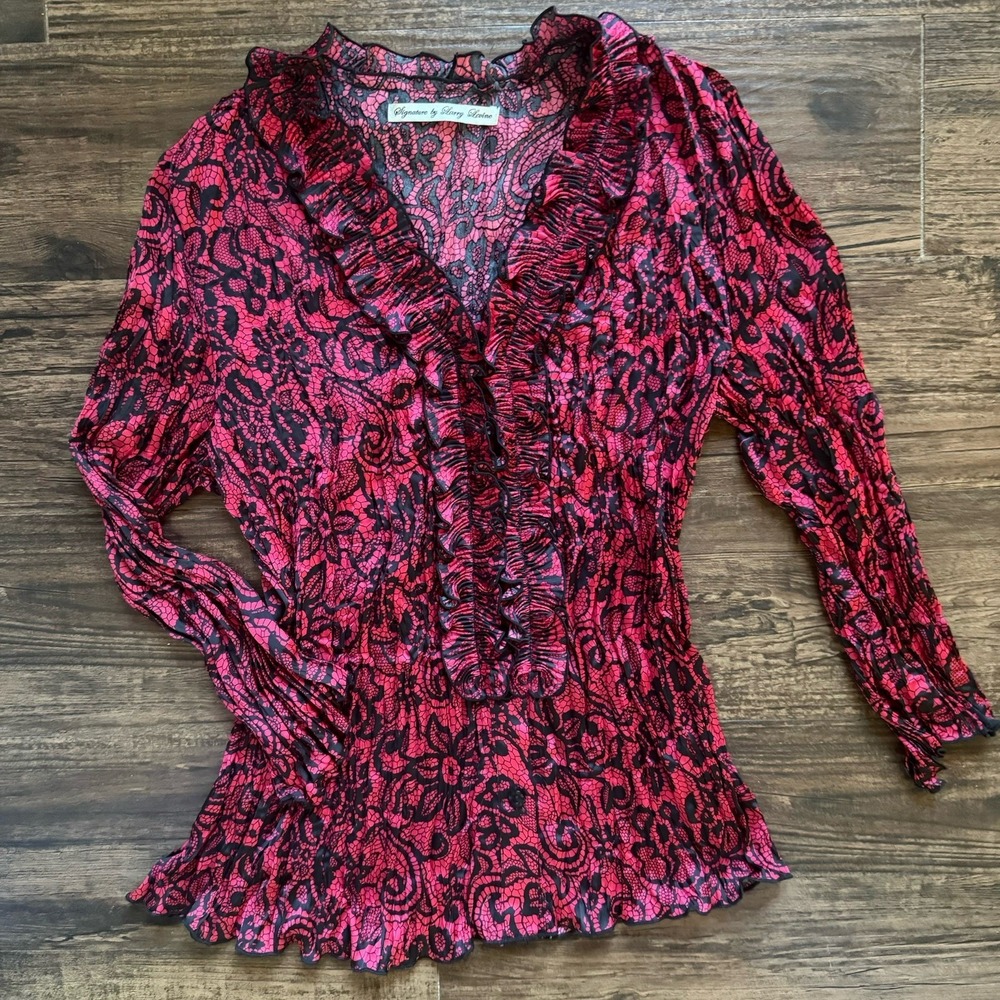 Signature Larry Levine Y2K Plisse Pleated Ruffle Blouse Small Pink Black Print
